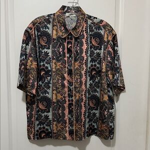 Sandro Black and Pink Floral Button Down Short Sleeve  Shirt